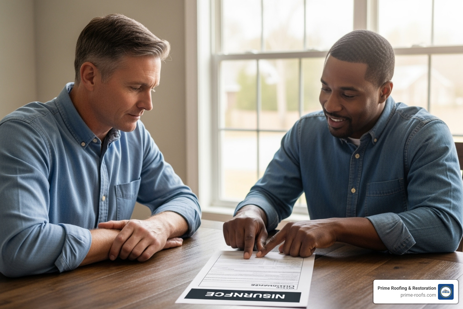 Image of a homeowner reviewing an insurance document with a contractor - Roof repair Alabaster