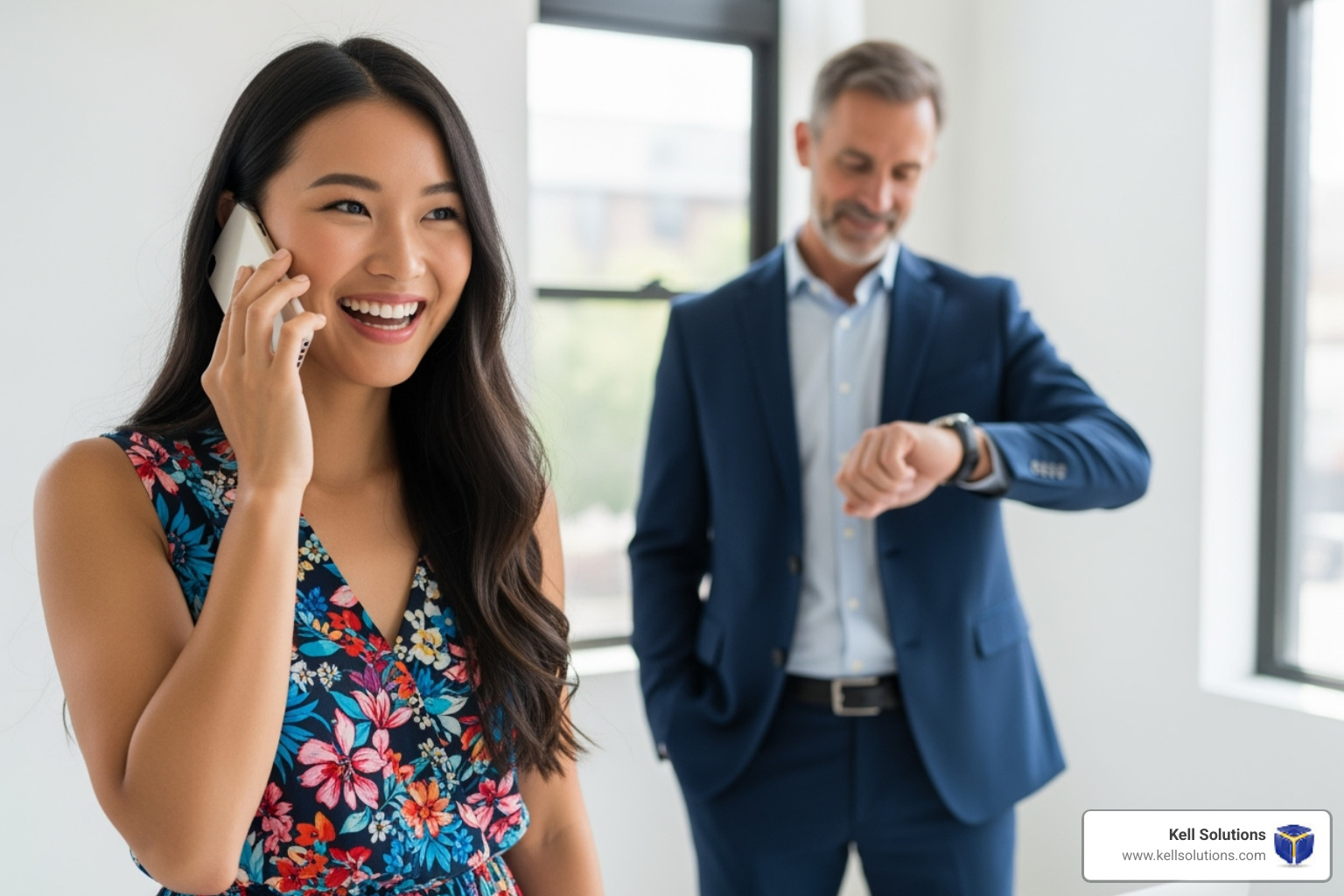 Happy customer on the phone while a relieved business owner looks at their watch - after hours receptionist