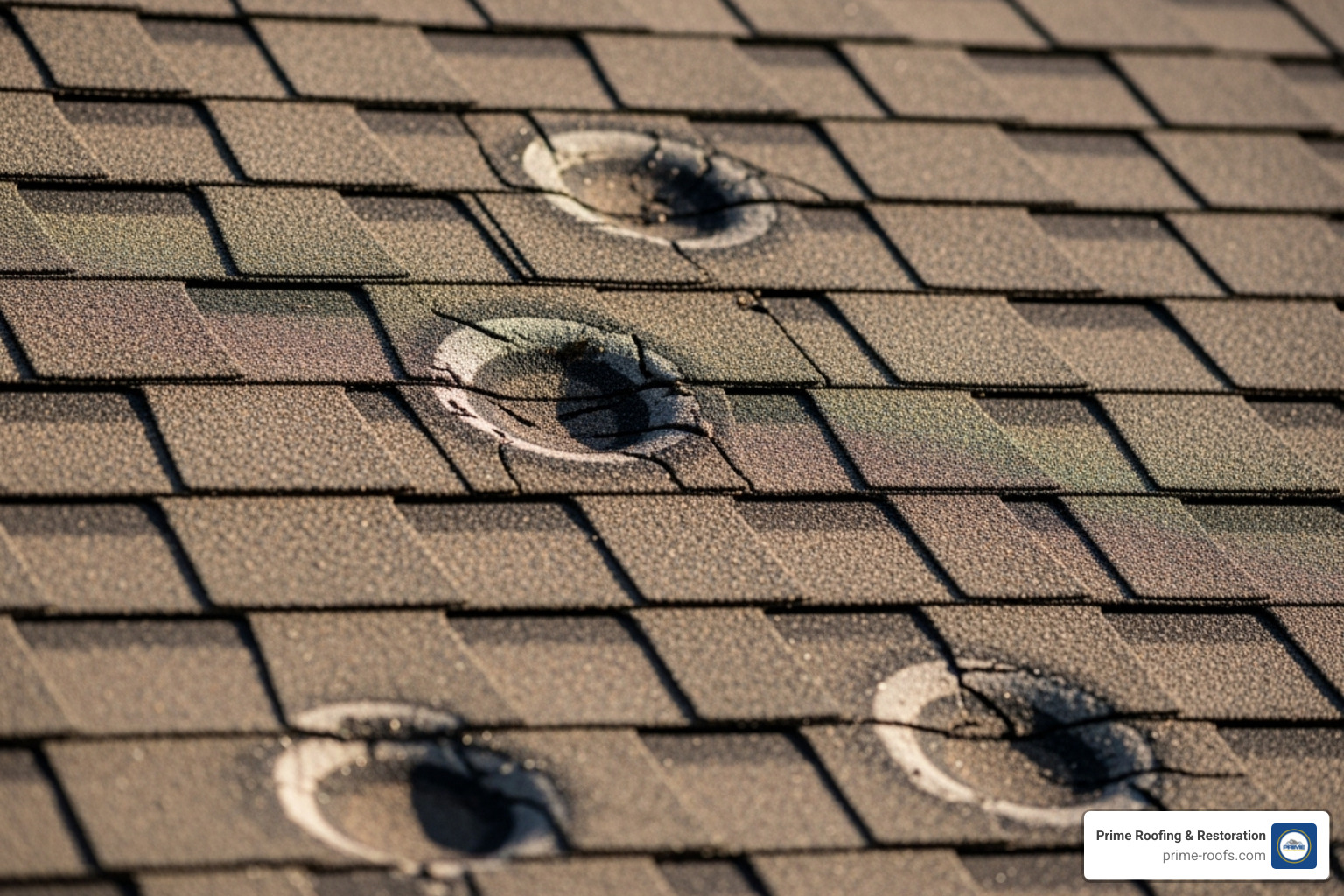 hail-damaged shingle roof showing circular impact marks - Orange Beach storm damage