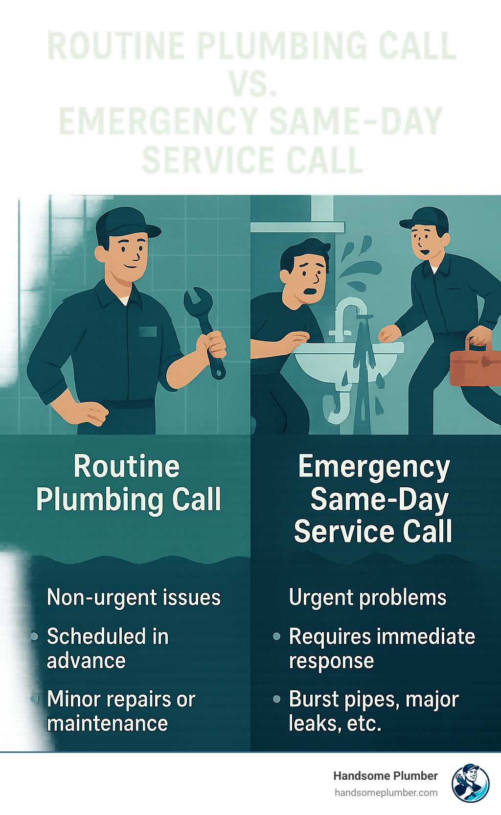 infographic explaining the difference between a routine plumbing call and an emergency same-day service call - same day plumber infographic 