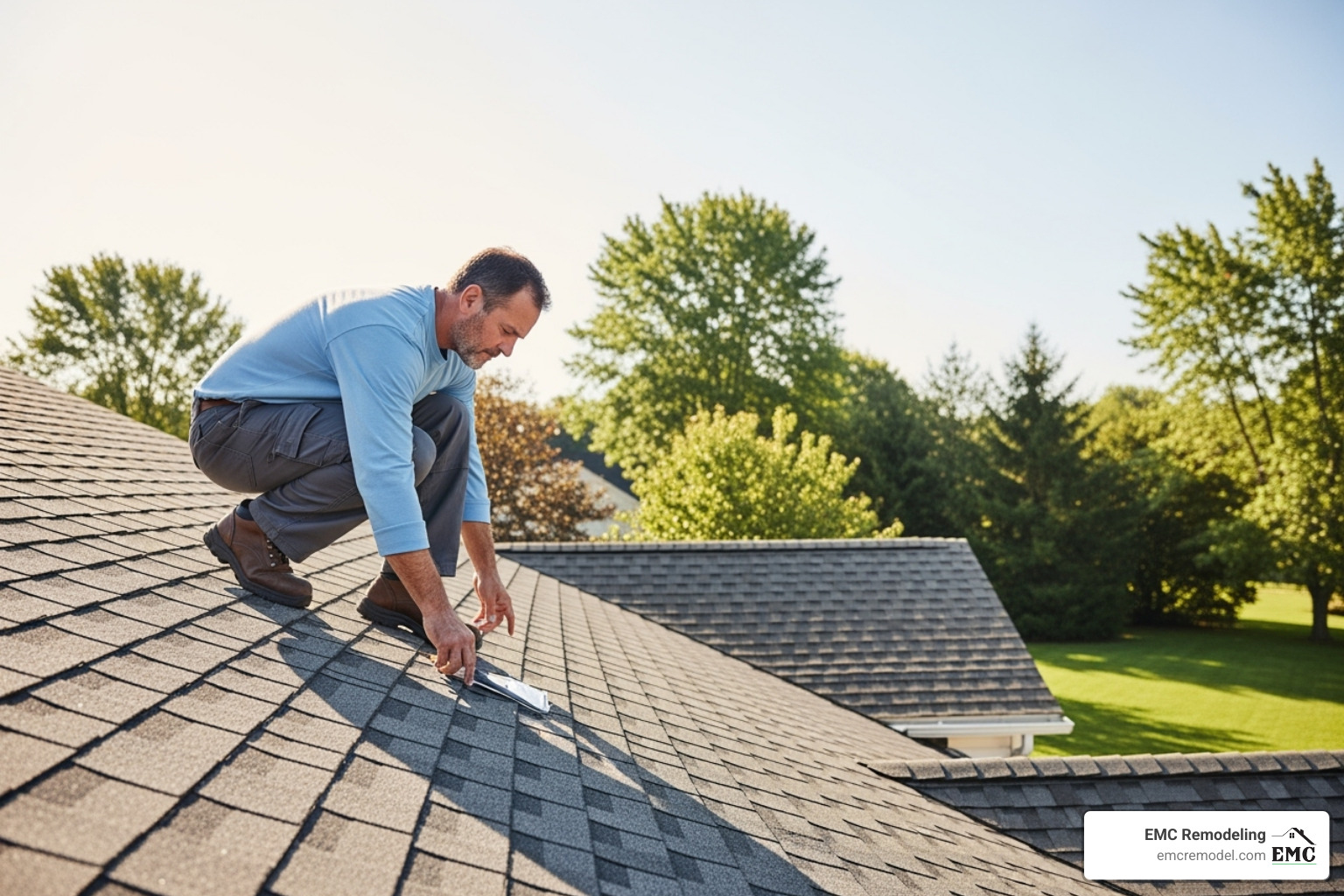roofer performing an inspection on a sunny day - roofing emergency leaking
