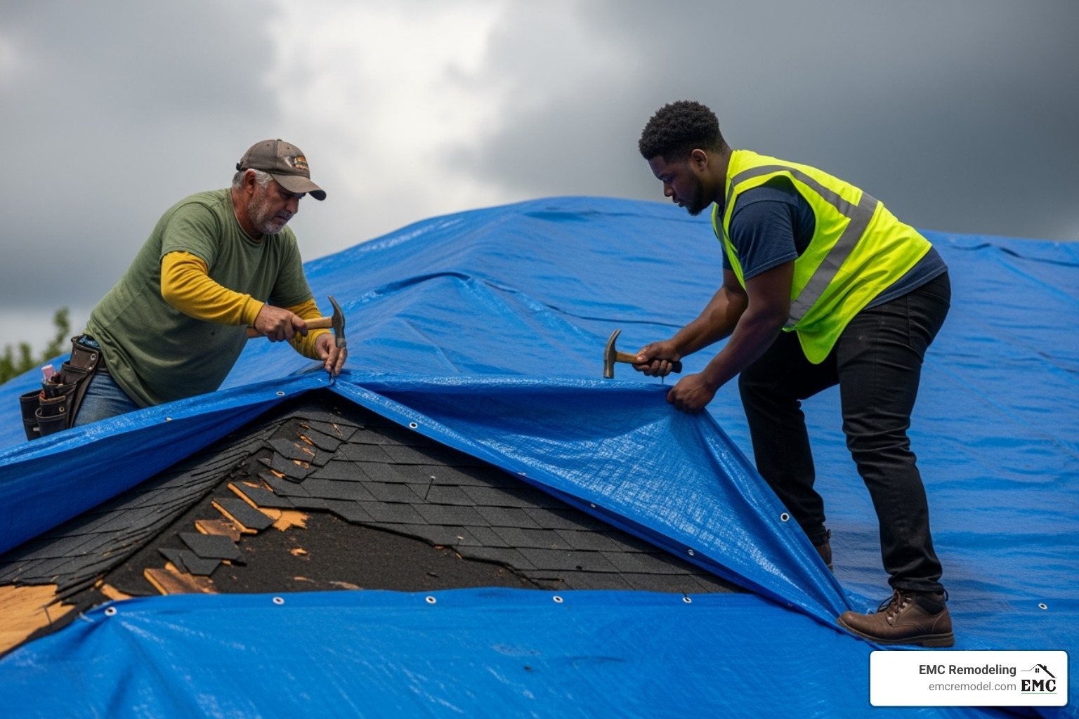 roof being tarped - roofing emergency leaking