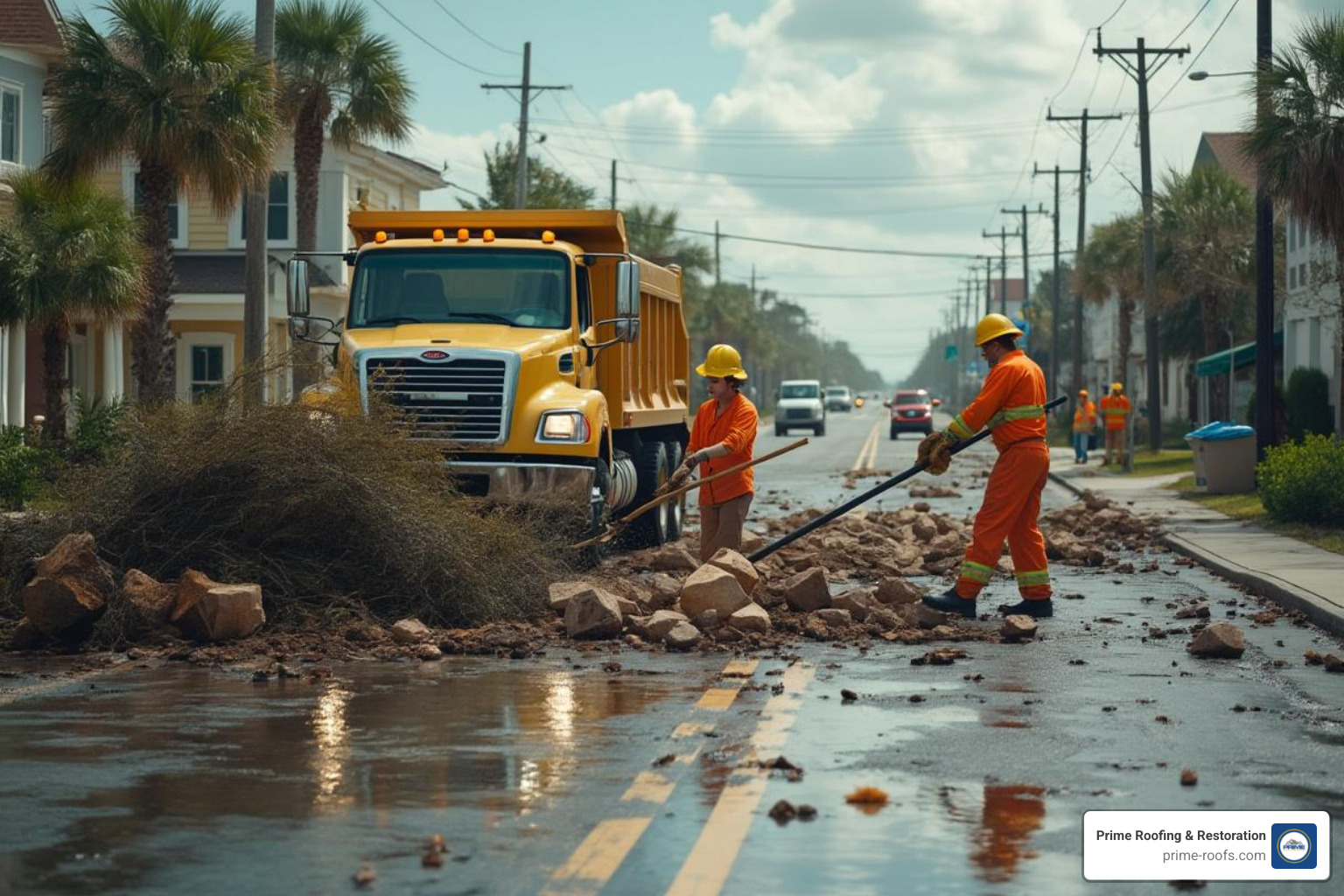 cleanup crews clearing debris from Orange Beach roads - Orange Beach storm damage