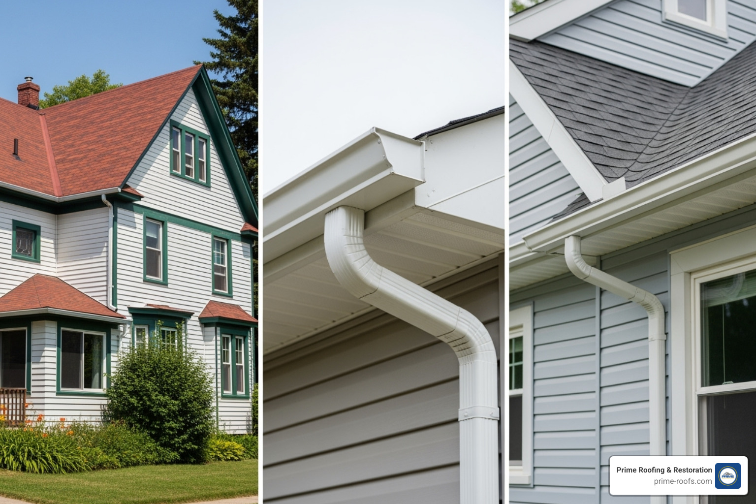 Collage showing different services: a new shingle roof, clean gutters, and new siding - roofing in alabaster al