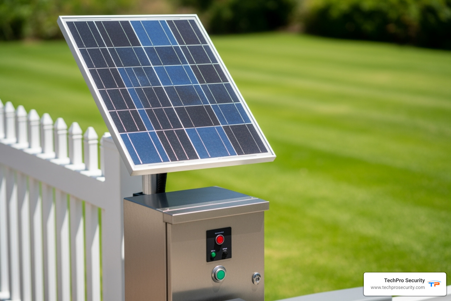 a solar panel next to a gate opener control box - auto driveway gate opener