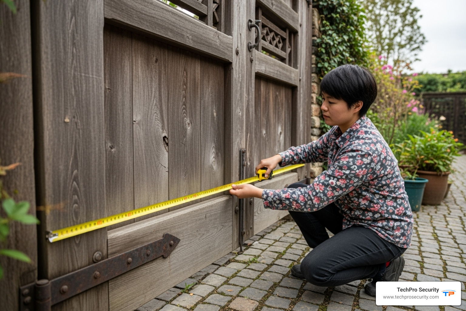a person measuring a large, heavy wooden gate - auto driveway gate opener