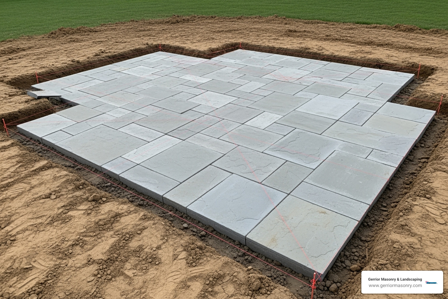 Properly excavated and graded patio area with string lines - bluestone patio installation