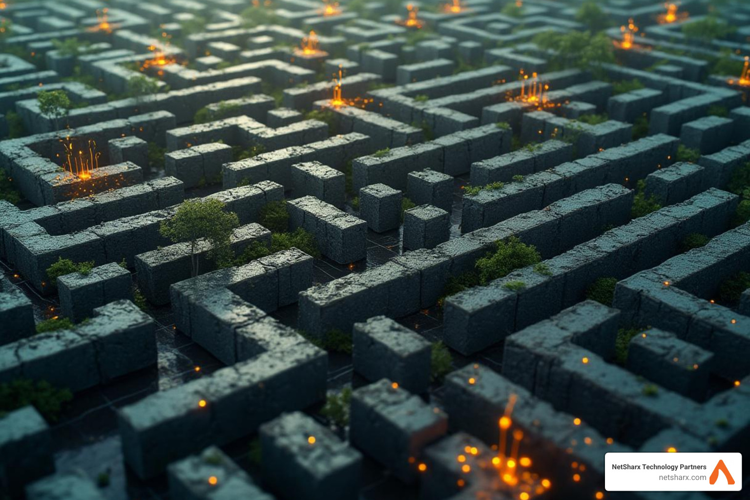 A complex maze with AI-related icons representing challenges - AI consultancy services
