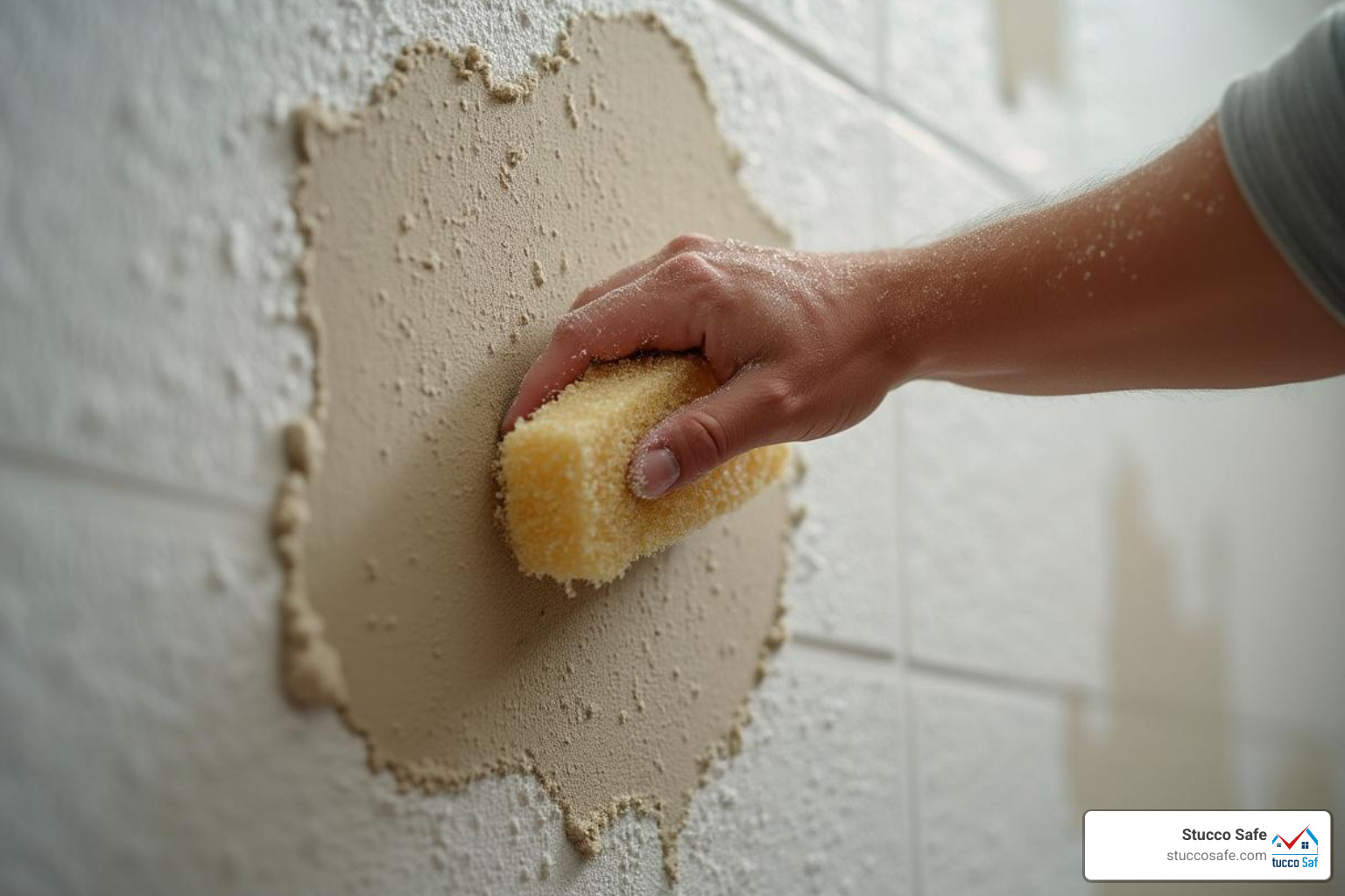 Blending a stucco patch with a damp sponge in a circular motion - repair small cracks in stucco