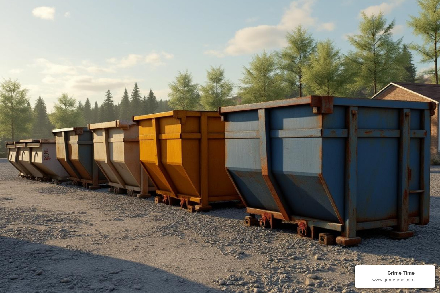 Different sized roll-off dumpsters lined up - austin roll off dumpster rentals