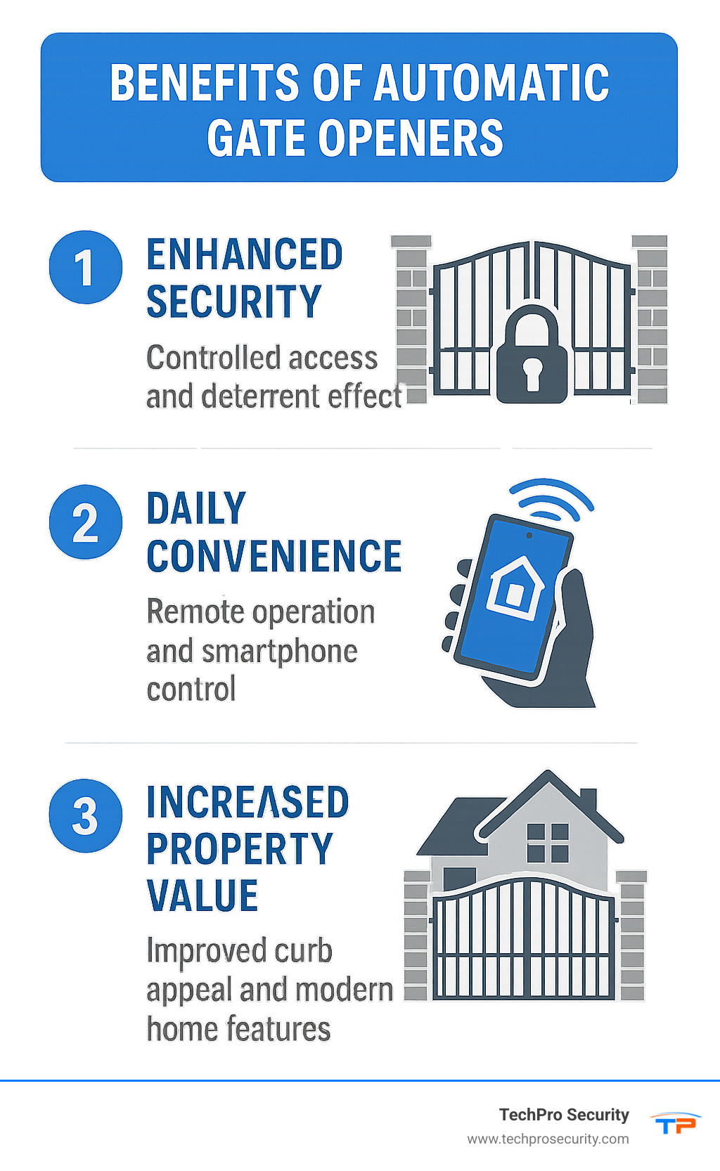 Infographic showing the top 3 benefits of automatic gate openers: improved security through controlled access and deterrent effect, daily convenience with remote operation and smartphone control, and increased property value with improved curb appeal and modern home features - auto driveway gate opener infographic 