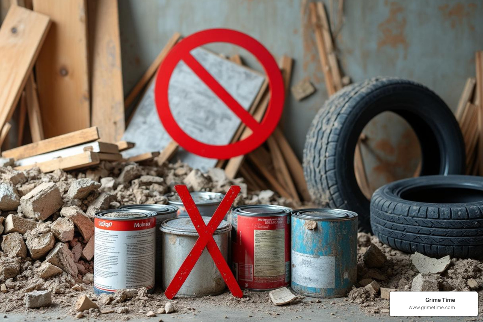 Acceptable materials like wood and drywall next to prohibited items like paint cans and tires with a red X - austin roll off dumpster rentals