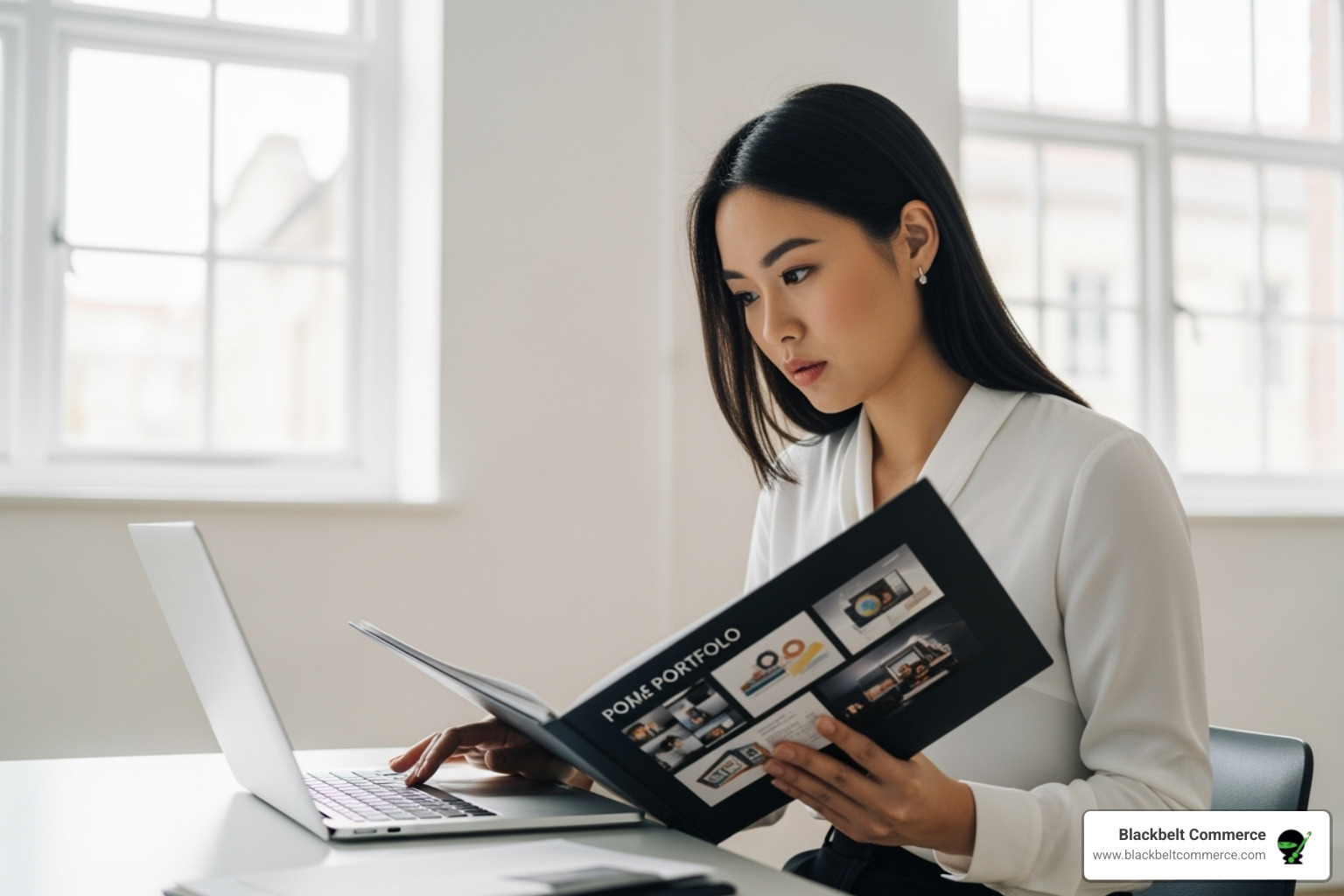 Person carefully reviewing a consultant's portfolio on a laptop, with a serious and focused expression. - shopify plus consultant