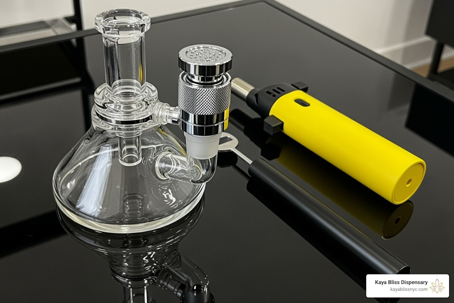A complete dab rig setup on a table, featuring a glass dab rig, a quartz banger, a carb cap, a metal dab tool, and a butane torch. - best wax for dabs