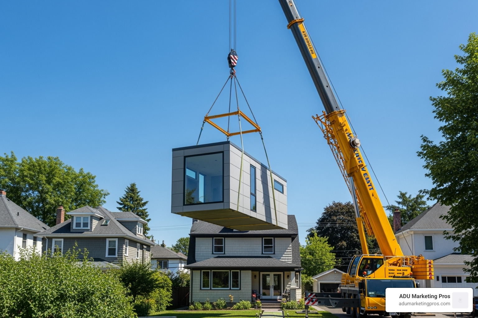 a prefab ADU module being craned into a backyard over a house, showcasing the efficiency of the process. - modern prefab granny flats