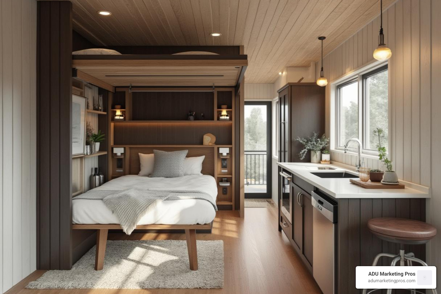 a stylish, compact studio prefab ADU with a clever interior layout, featuring a Murphy bed and a small kitchenette. - modern prefab granny flats