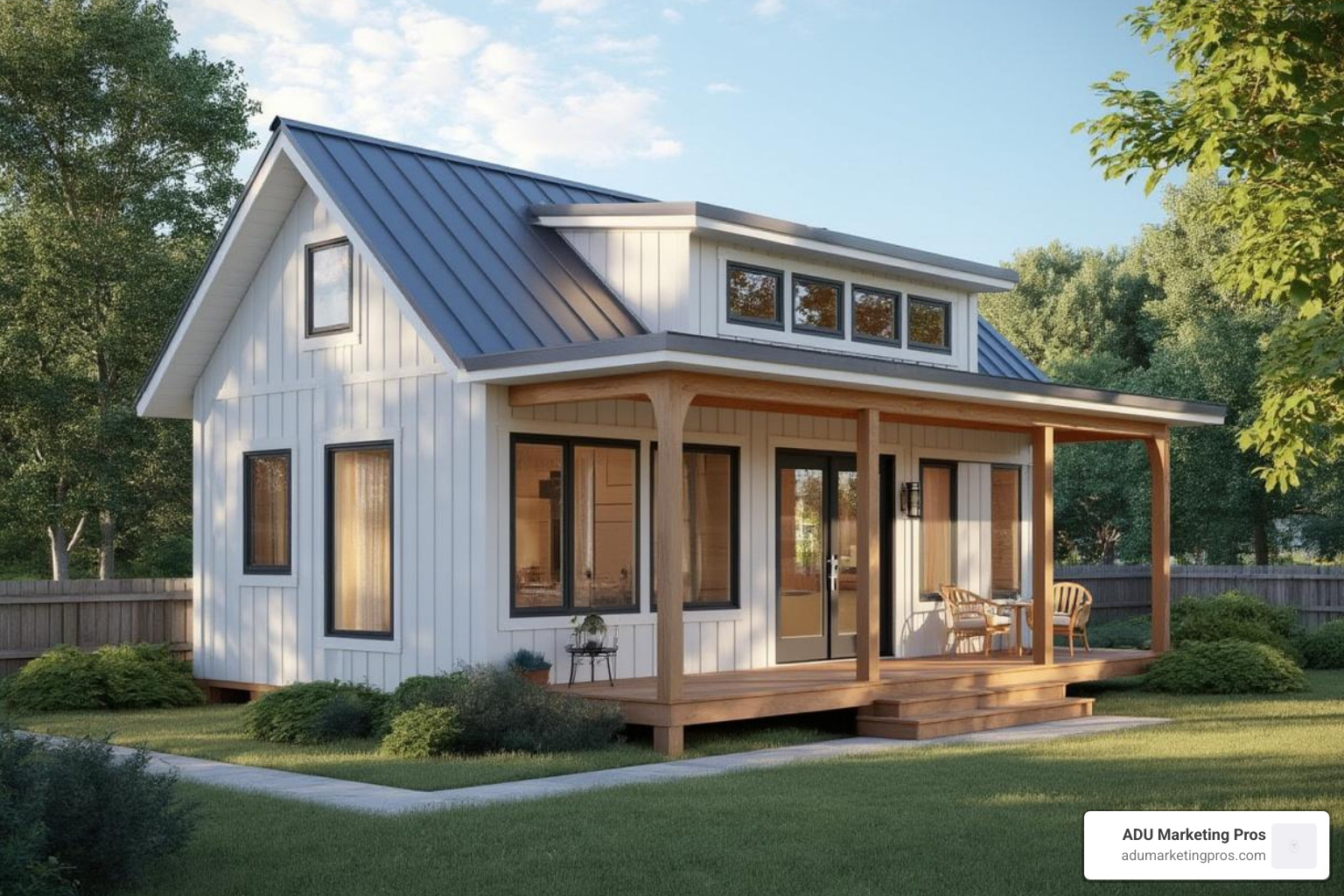 a spacious two-bedroom prefab granny flat with a modern farmhouse aesthetic, featuring a small porch and ample windows. - modern prefab granny flats