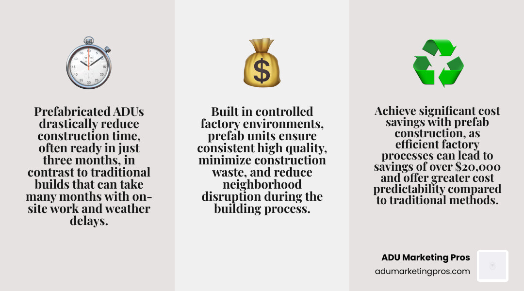 infographic explaining the key differences between traditional on-site construction and modern prefabricated construction, highlighting timelines, waste reduction, and cost predictability. - modern prefab granny flats infographic 3_facts_emoji_grey