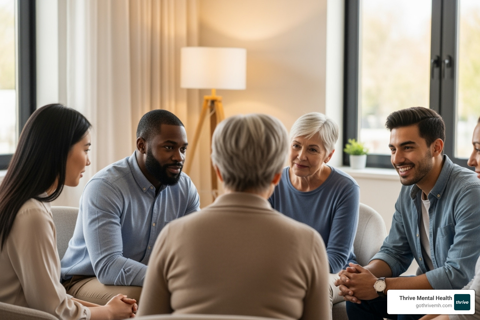 A group of people in a therapy session, seated in a circle, looking engaged and supportive of each other. The atmosphere is warm and inviting. - partial hospitalization program