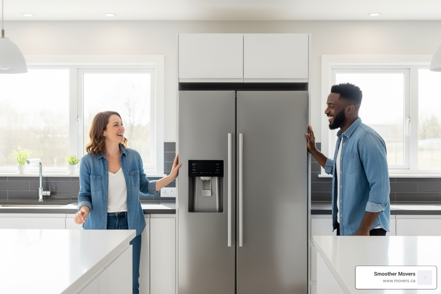 happy couple in new kitchen with appliance - appliance movers kelowna