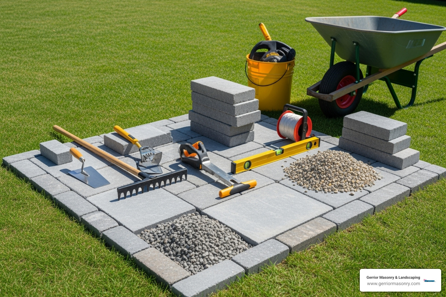 Essential tools and materials neatly arranged on a lawn - bluestone patio installation