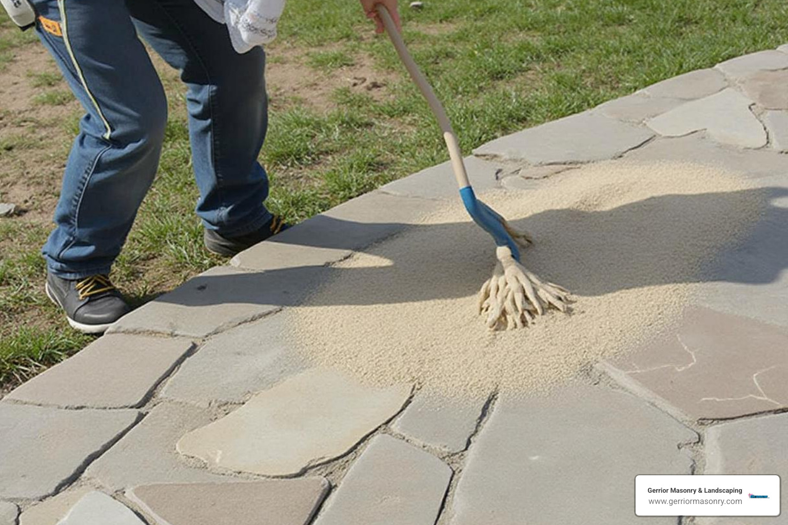 Person sweeping polymeric sand into the joints of a new bluestone patio - bluestone patio installation