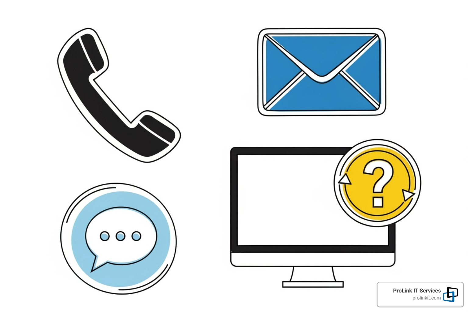 icons representing different contact methods: phone, email, chat, and a help desk portal - how to contact IT