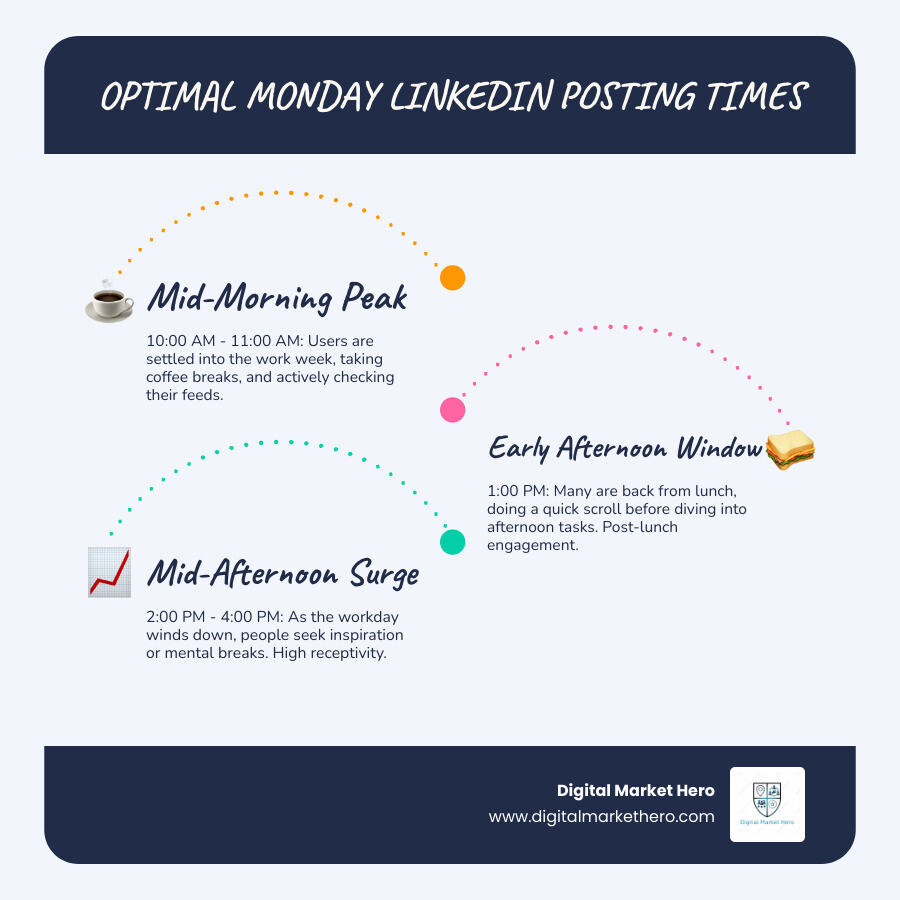 Infographic showing peak and low engagement times for LinkedIn on a Monday