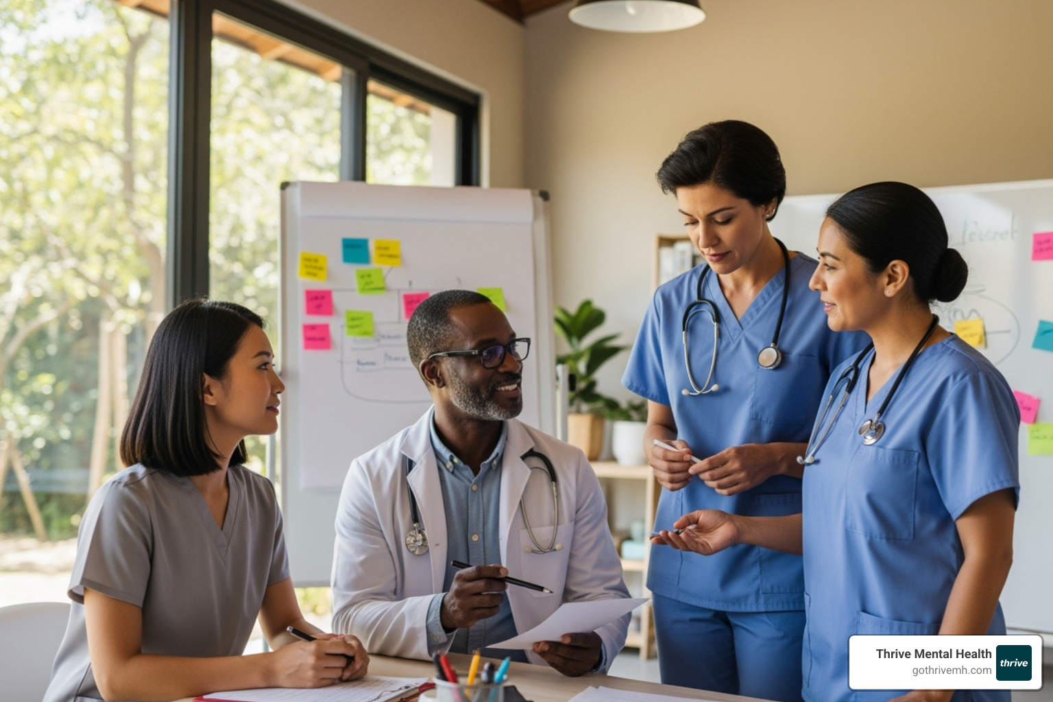 A diverse clinical team, including therapists, doctors, and support staff, collaborating in a modern, open office space, engaged in a discussion with whiteboards and notes. - partial hospitalization program