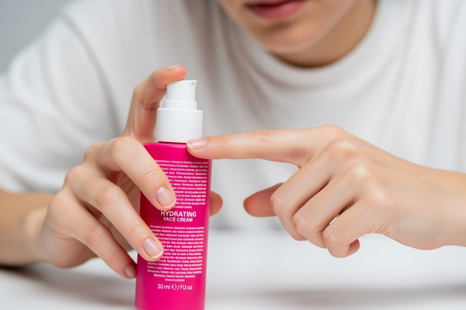 A close-up image of a person's hand holding a skincare product, with their other hand's finger tracing the ingredient list on the label, emphasizing careful examination. - natural sustainable skincare products