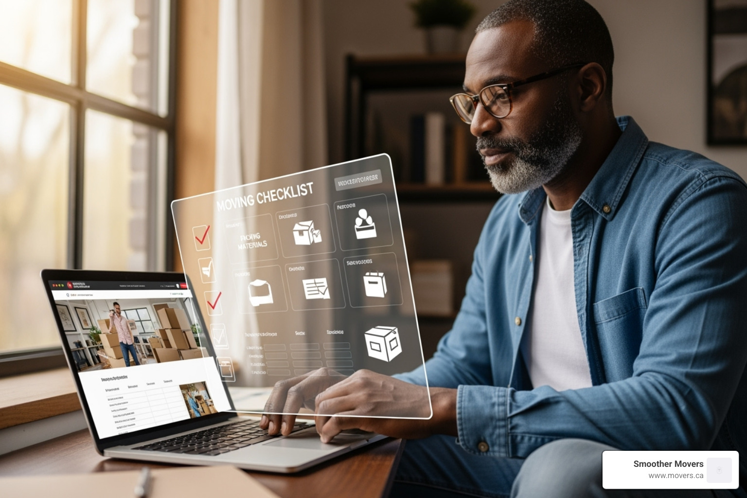 person on a laptop looking at a moving company's website with a checklist overlay - abbotsford moving company