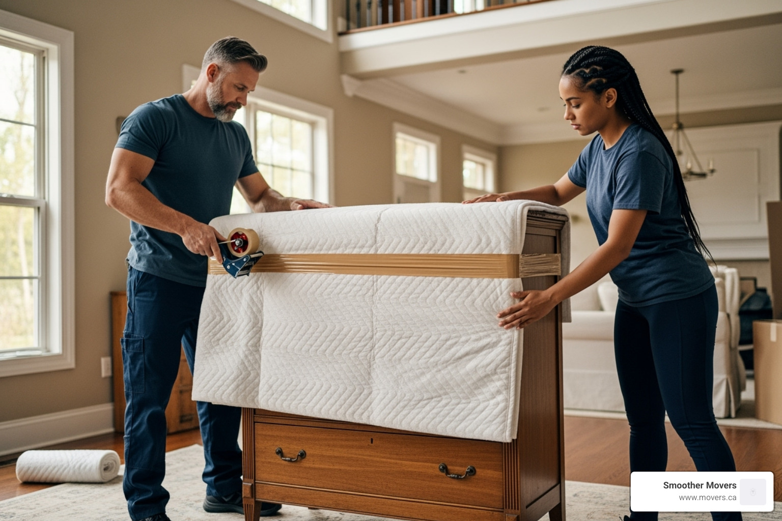 professional movers carefully wrapping a large piece of furniture in moving blankets - abbotsford moving company