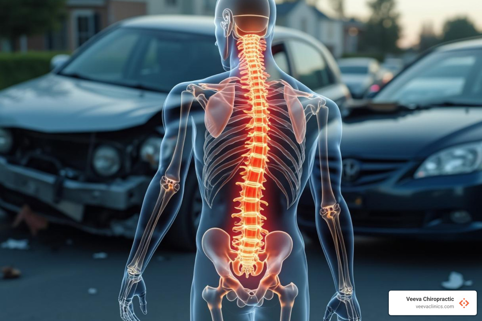 A car accident scene with an overlay of a spine graphic indicating potential injury, symbolizing the impact of accidents on the musculoskeletal system. - medical chiropractic coverage