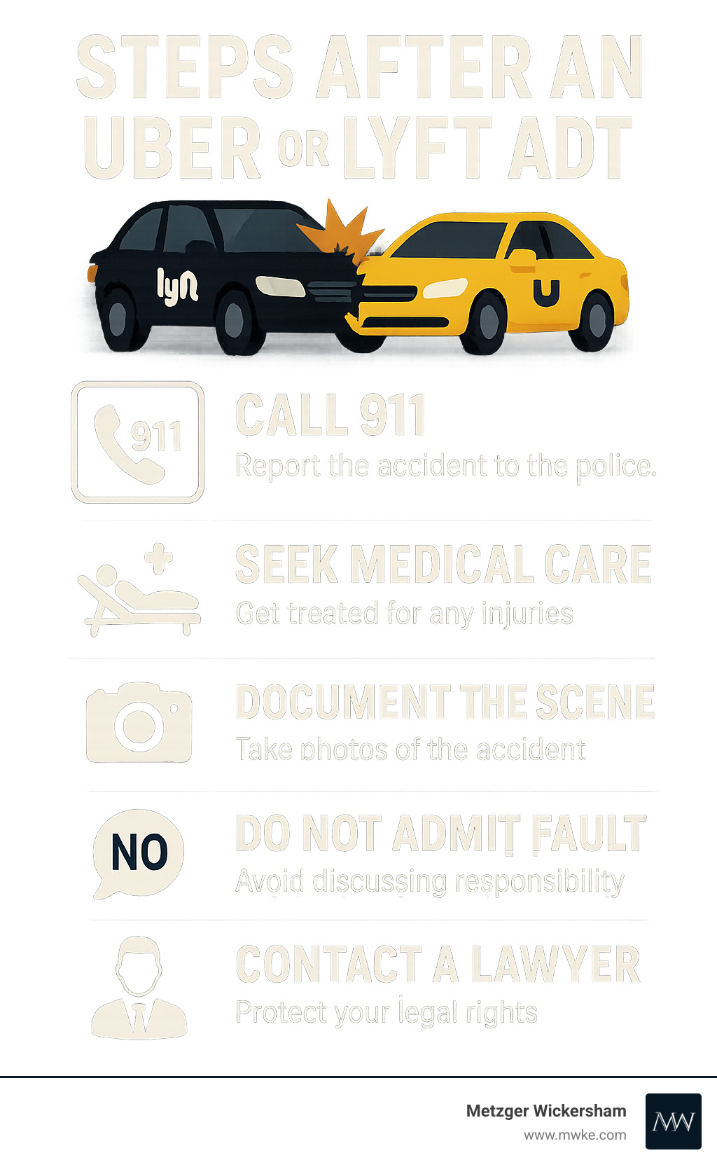 Infographic detailing immediate steps after an Uber or Lyft accident, including calling 911, seeking medical care, documenting the scene, refraining from admitting fault, and contacting a lawyer. - uber accident lawyer in bucks county infographic 