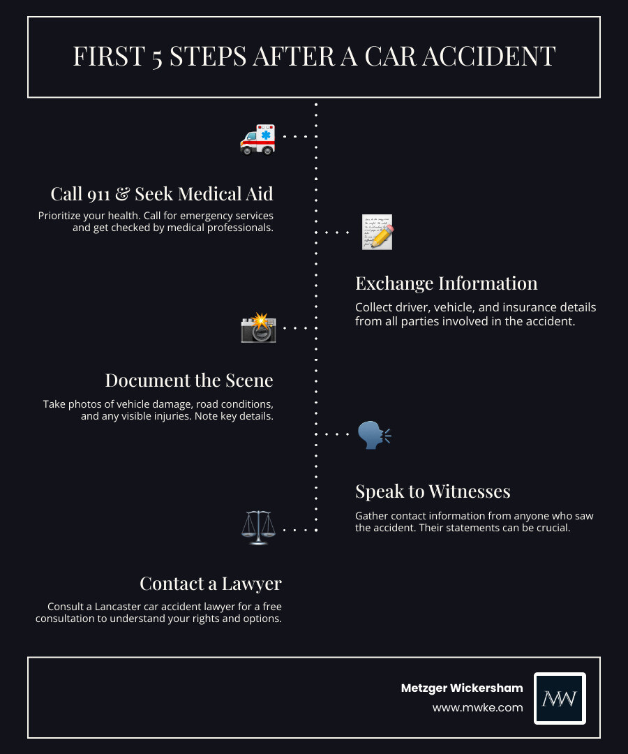 Infographic showing 5 immediate steps after a car accident: 1) Call 911 and seek medical attention, 2) Exchange driver information and insurance details, 3) Document the scene with photos and notes, 4) Speak to witnesses and get contact information, 5) Contact a Lancaster car accident lawyer for free consultation - lancaster car accident injury lawyer infographic infographic-line-5-steps-dark