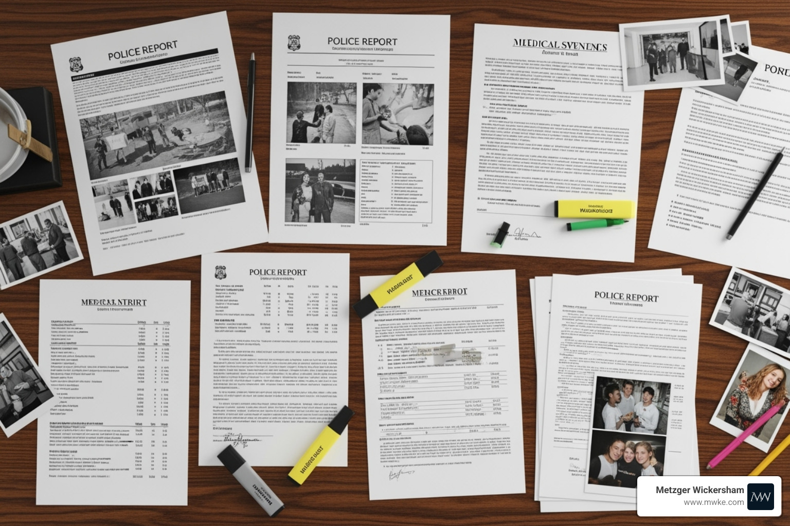 Image of a collection of evidence like photos and official documents - lancaster car accident injury lawyer