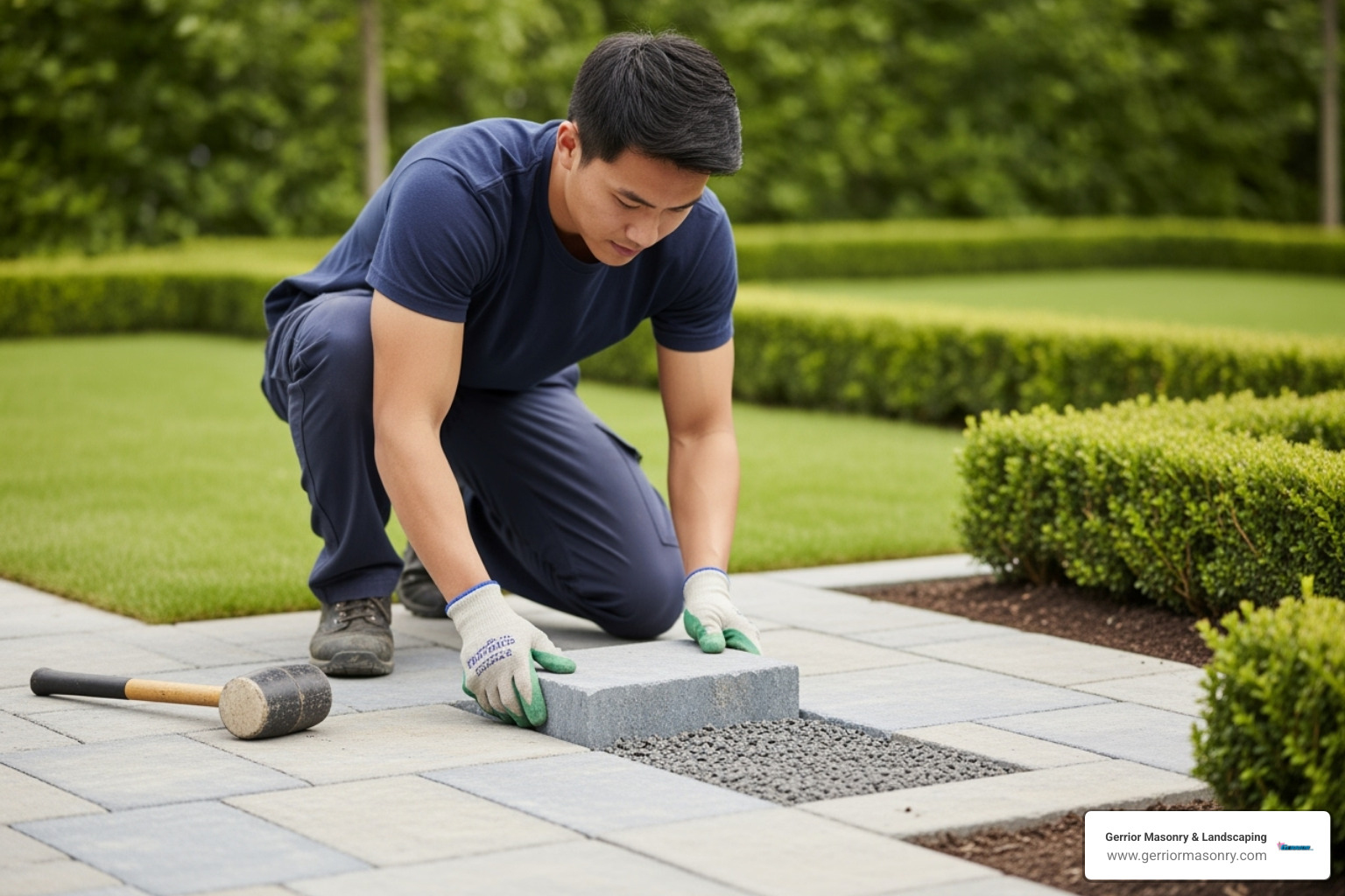Person carefully placing a bluestone paver with a rubber mallet nearby - bluestone patio installation
