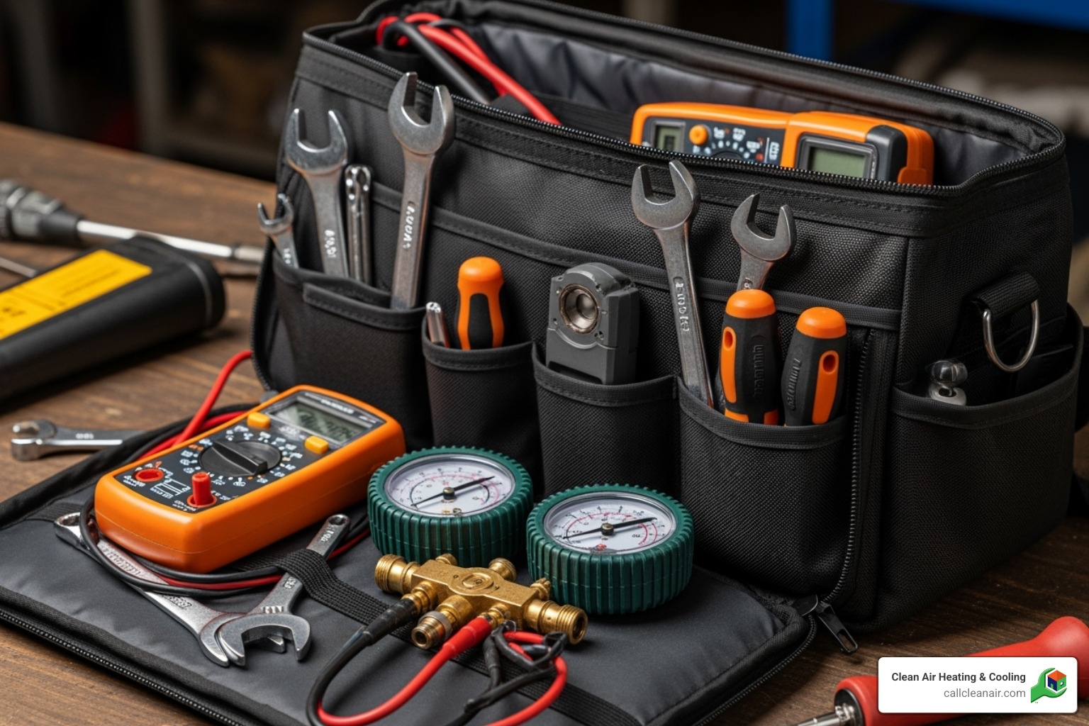 technician's tool bag with various HVAC tools - furnace servicing near me