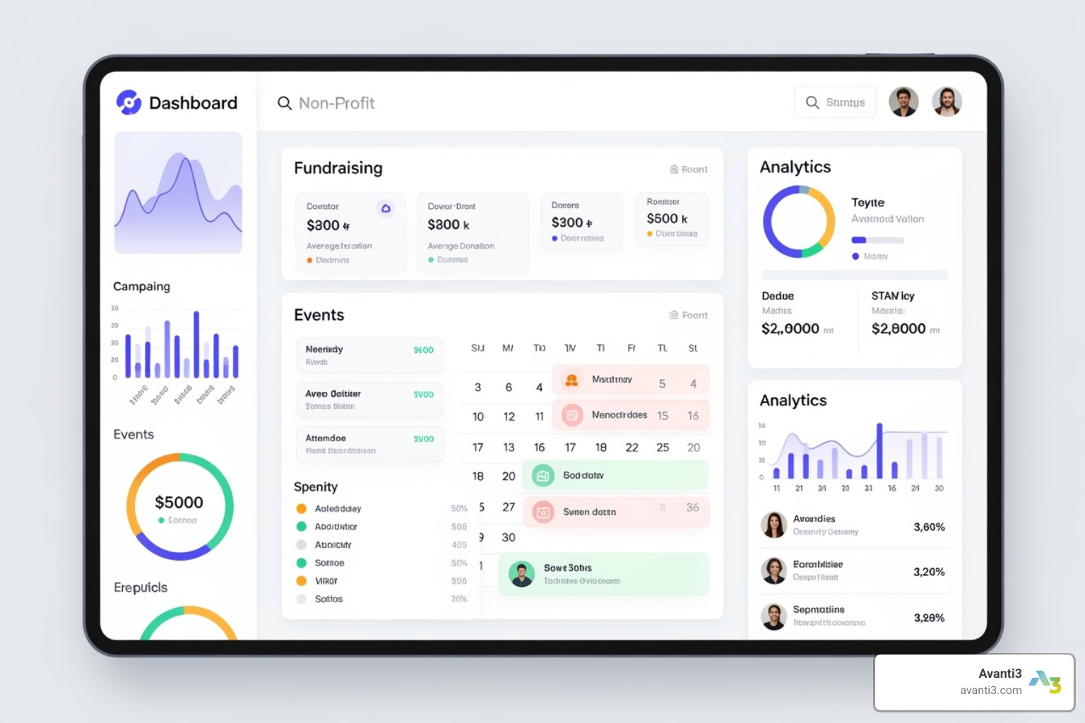 platform dashboard showcasing different modules like fundraising, events, and analytics - nonprofit digital engagement platform