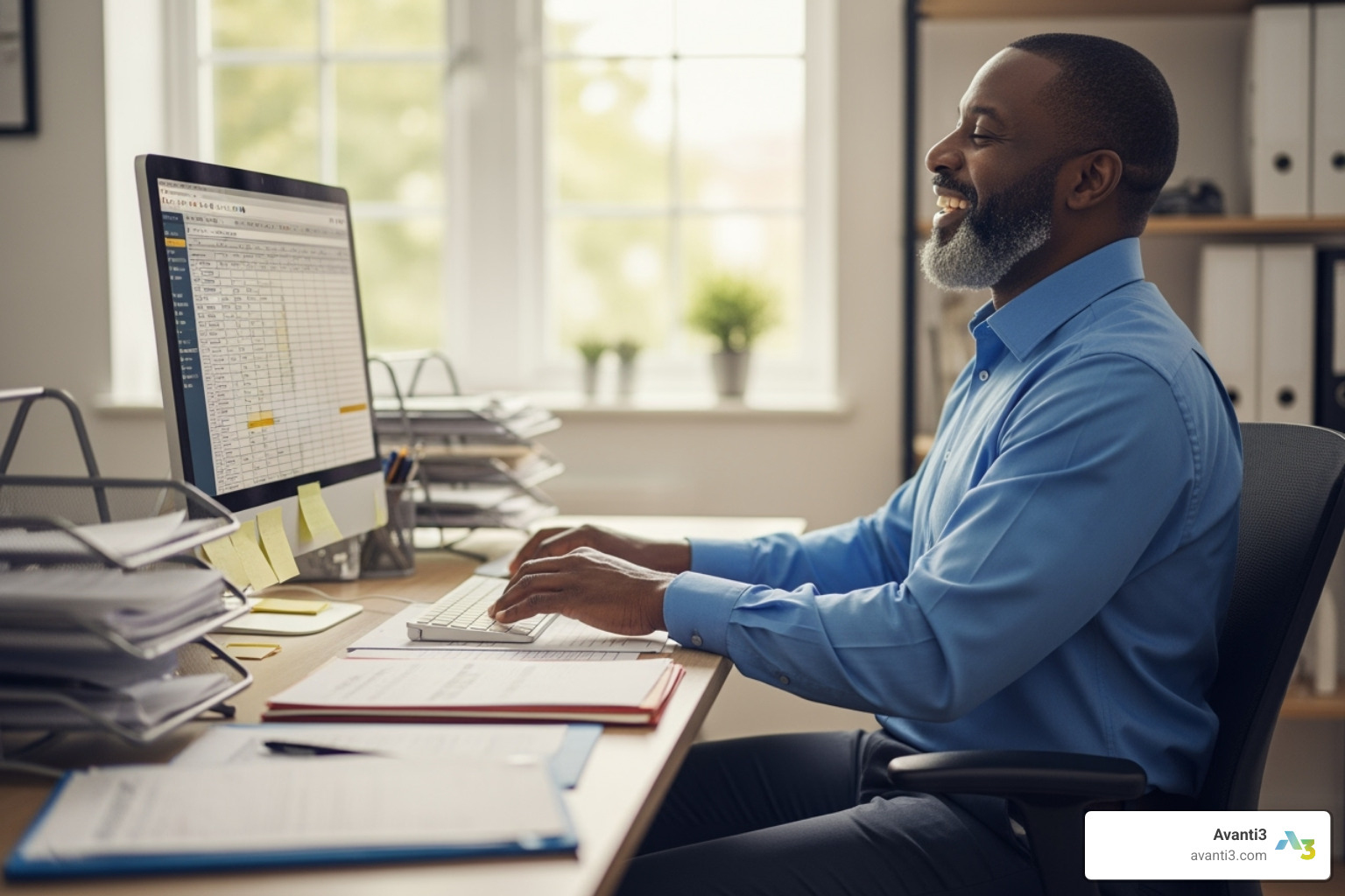 nonprofit staff member smiling at their computer, looking relieved and efficient - nonprofit digital engagement platform
