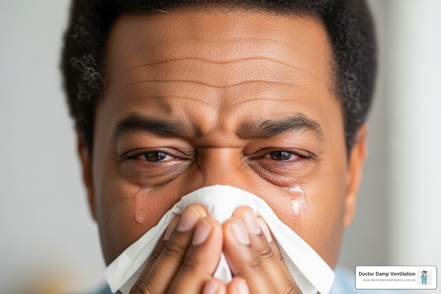 A person sneezing with watery eyes - black mould health effects