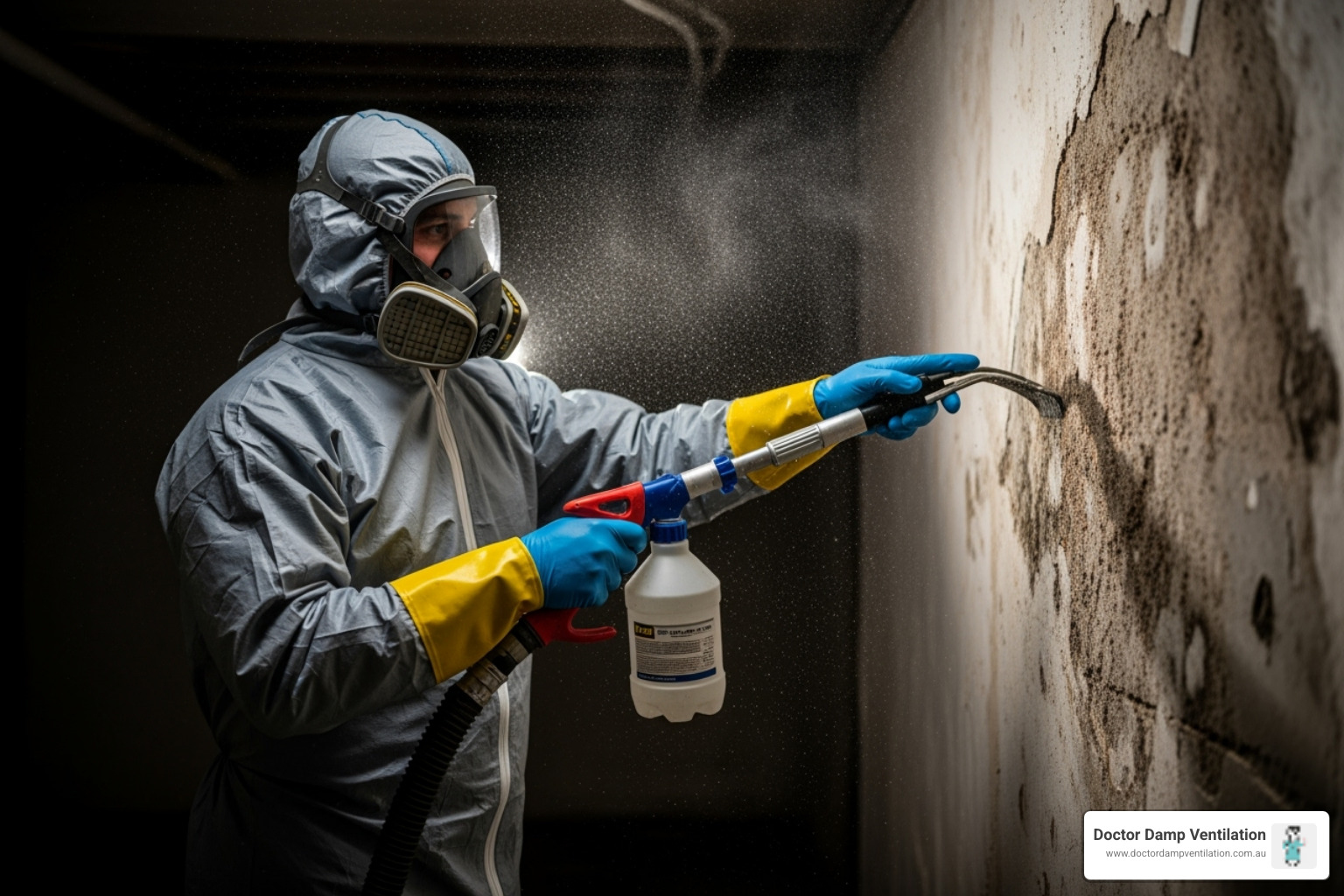 A professional in full protective gear treating a mould-infested wall - black mould health effects