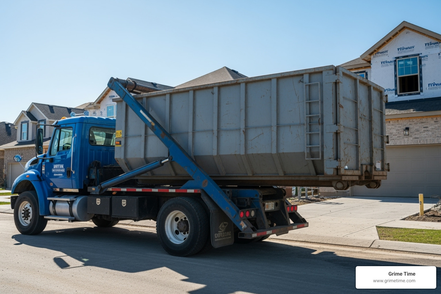 Roll-off dumpster being delivered by a truck - austin roll off dumpster rentals