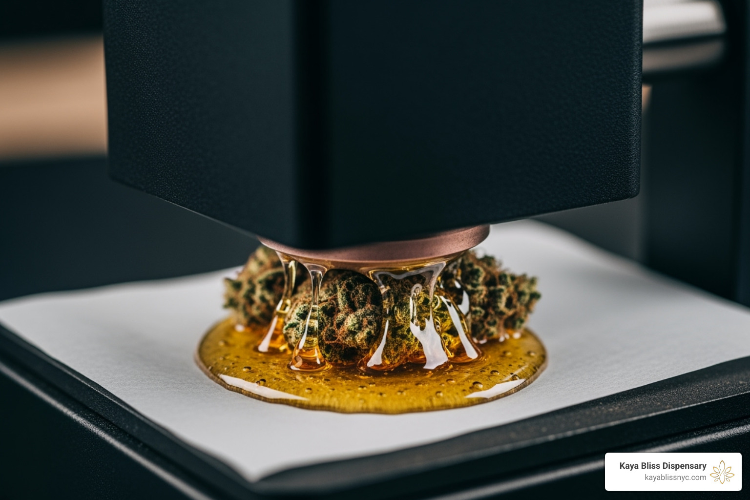A rosin press applying heat and pressure to cannabis flower, with golden rosin oozing out onto parchment paper. - best wax for dabs