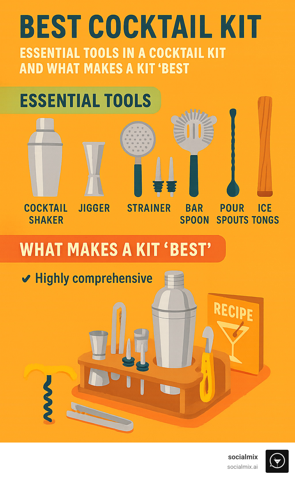 Infographic showing essential tools in a cocktail kit and what makes a kit 'best' - best cocktail kit infographic 