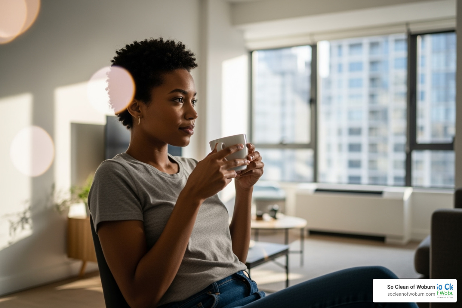 Person relaxing with coffee in a pristine apartment - Apartment cleaning near me