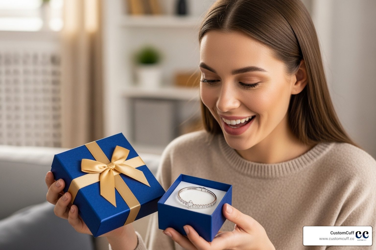 A person happily receiving a CustomCuff engraved bracelet as a gift - customized engraved bracelets