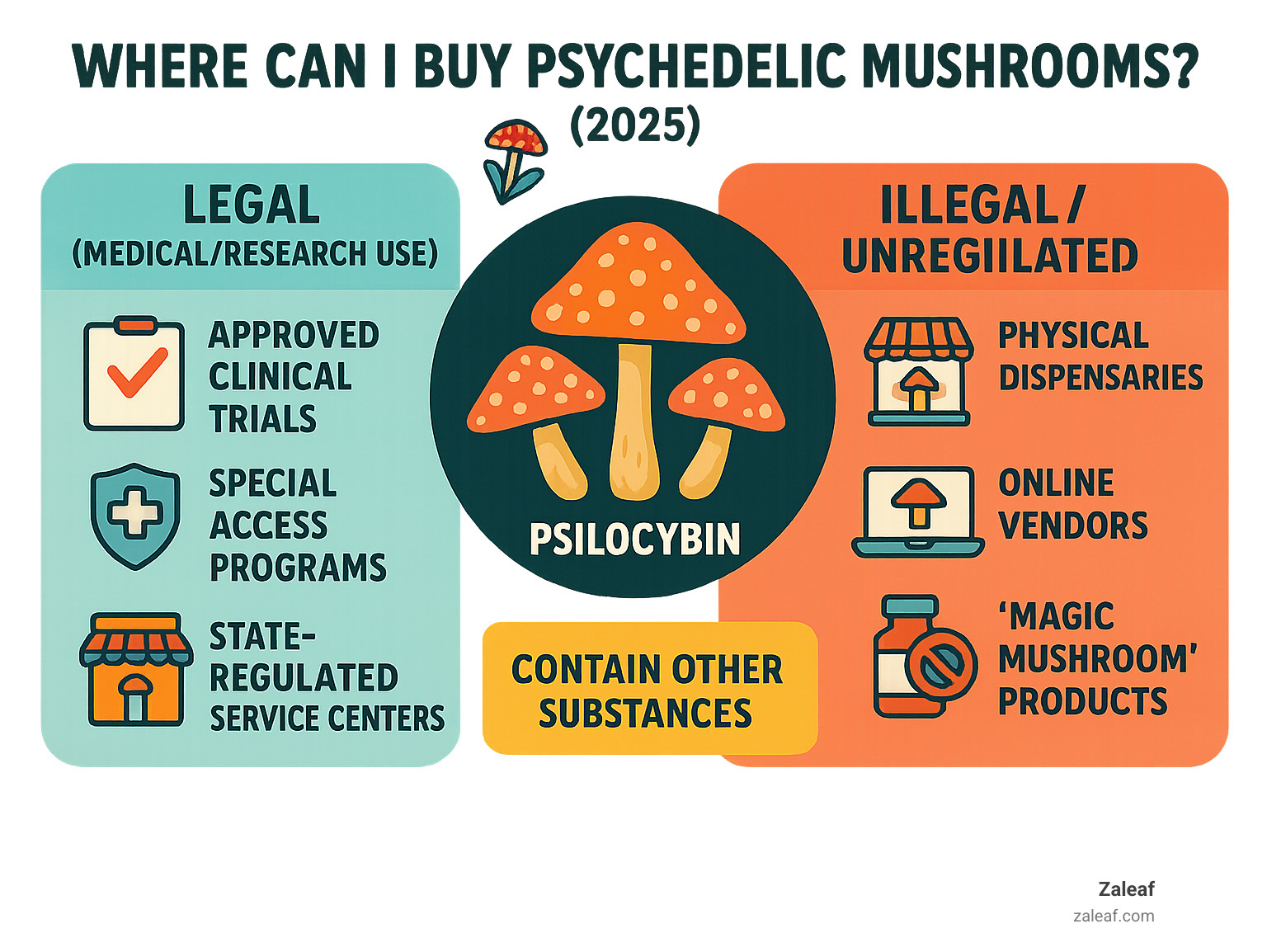 Infographic explaining legal vs. illegal sources for psychedelic mushrooms and differentiating psilocybin from other 'magic mushroom' products - where can i buy psychedelic mushroom infographic 