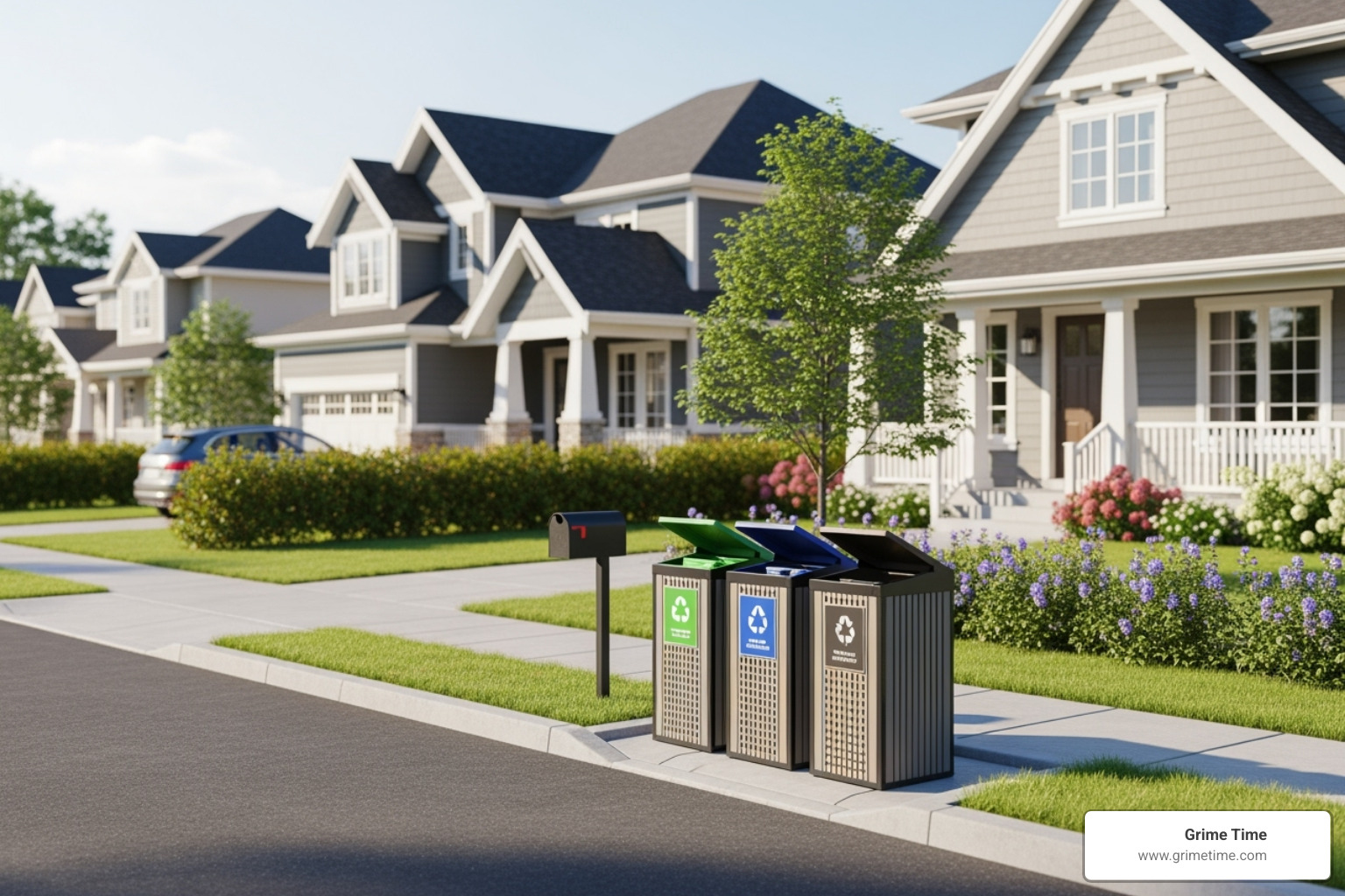 A clean residential street with trash and recycling bins neatly placed at the curb - Reliable trash services