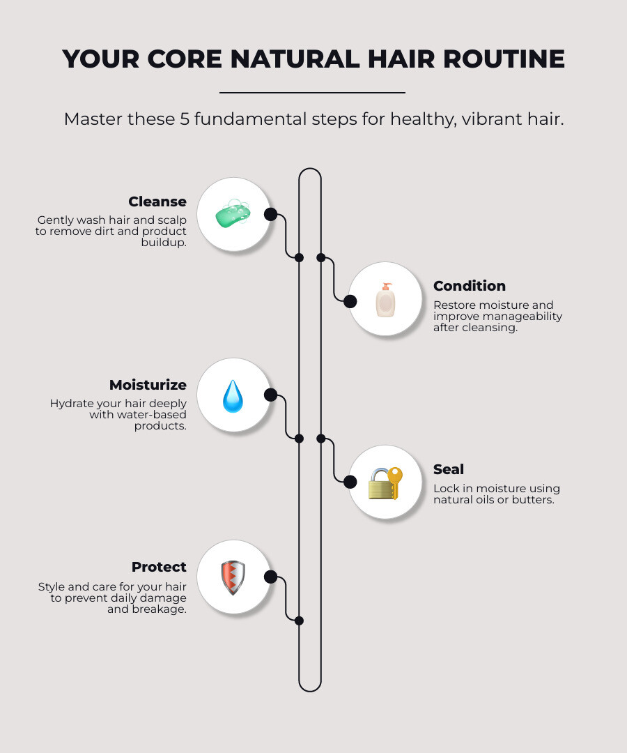 Infographic showing the 5 core steps of a basic natural hair care routine: Cleanse to remove dirt and product buildup, Condition to restore moisture, Moisturize to hydrate hair with water-based products, Seal to lock in moisture, and Protect hair from damage. - natural hair care routine infographic infographic-line-5-steps-neat_beige